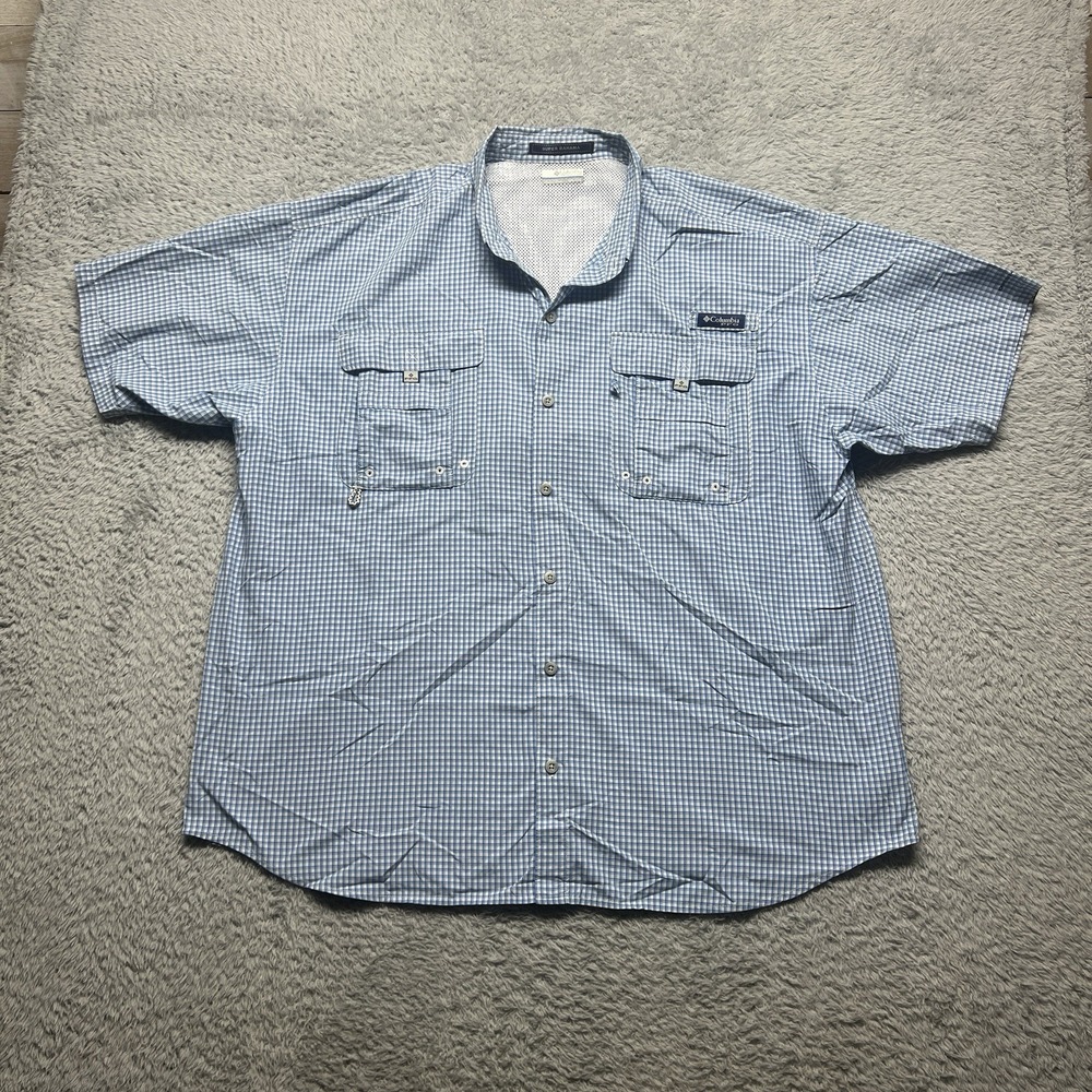 Columbia PFG Super Bahama Shirt Mens XXL Blue Gingham Check Omni Shade Fishing